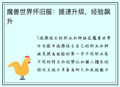 魔兽世界怀旧服：提速升级，经验飙升